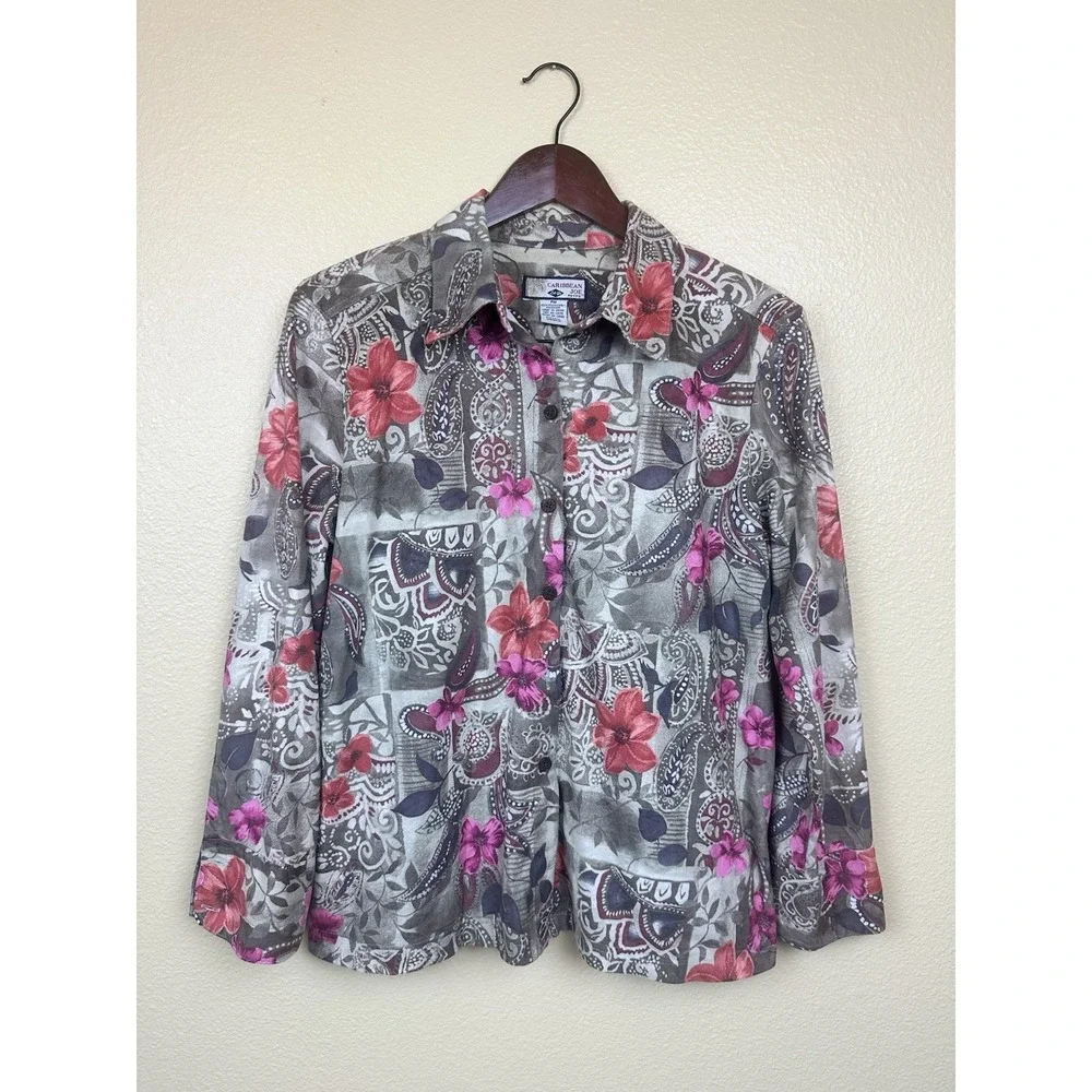 Vintage Microsuede Hawaiian Y2K Top Caribbean Joe Green Floral Size Petite M